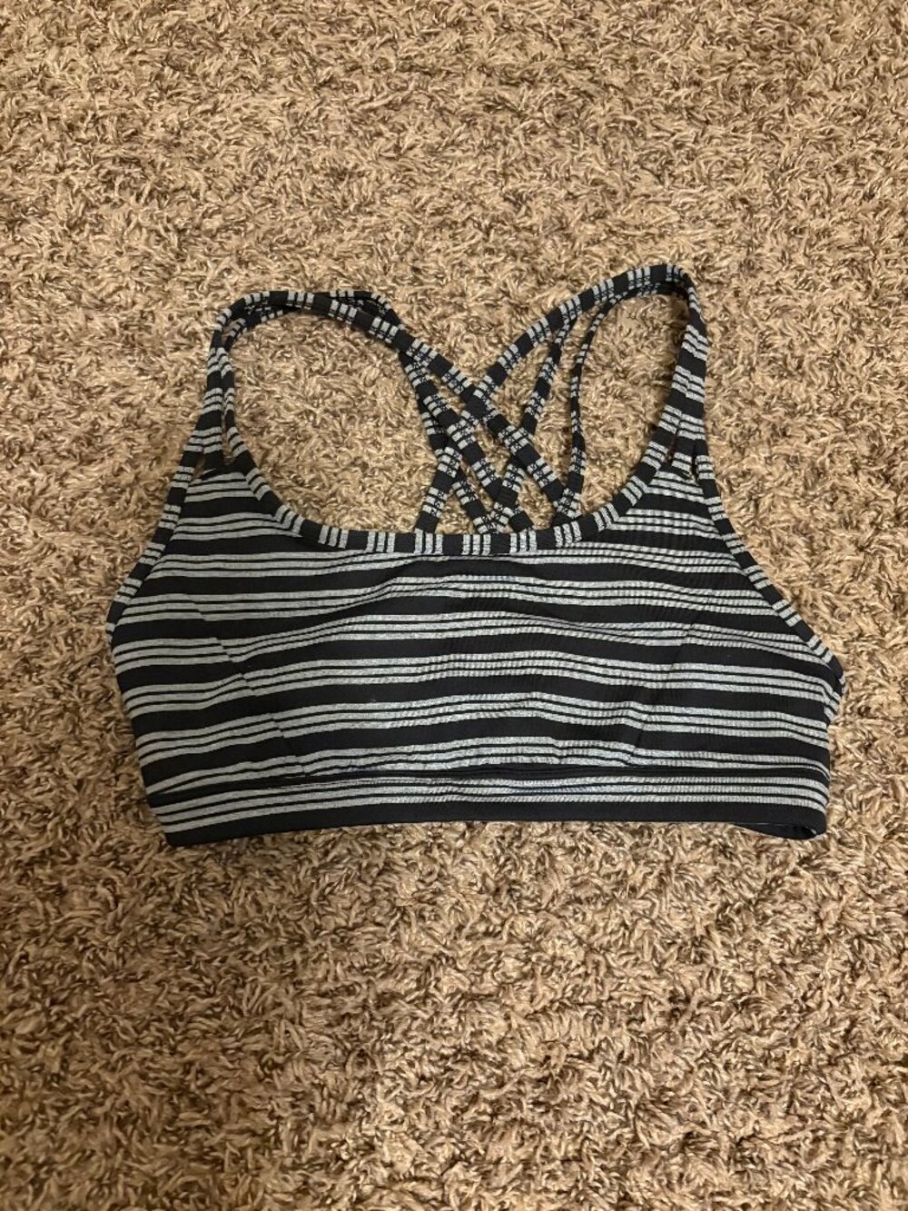 Athleta Sports Bra XS Xtra Small Black Gray Stripes No Pads Pullover Criss Cross